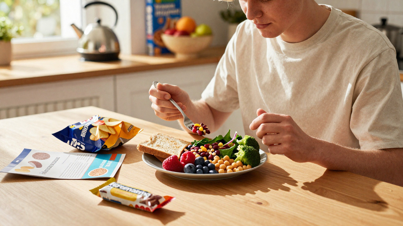 Junger Mann isst gesunden Teller mit Gemüse, Beeren und Kichererbsen an einem Holztisch.