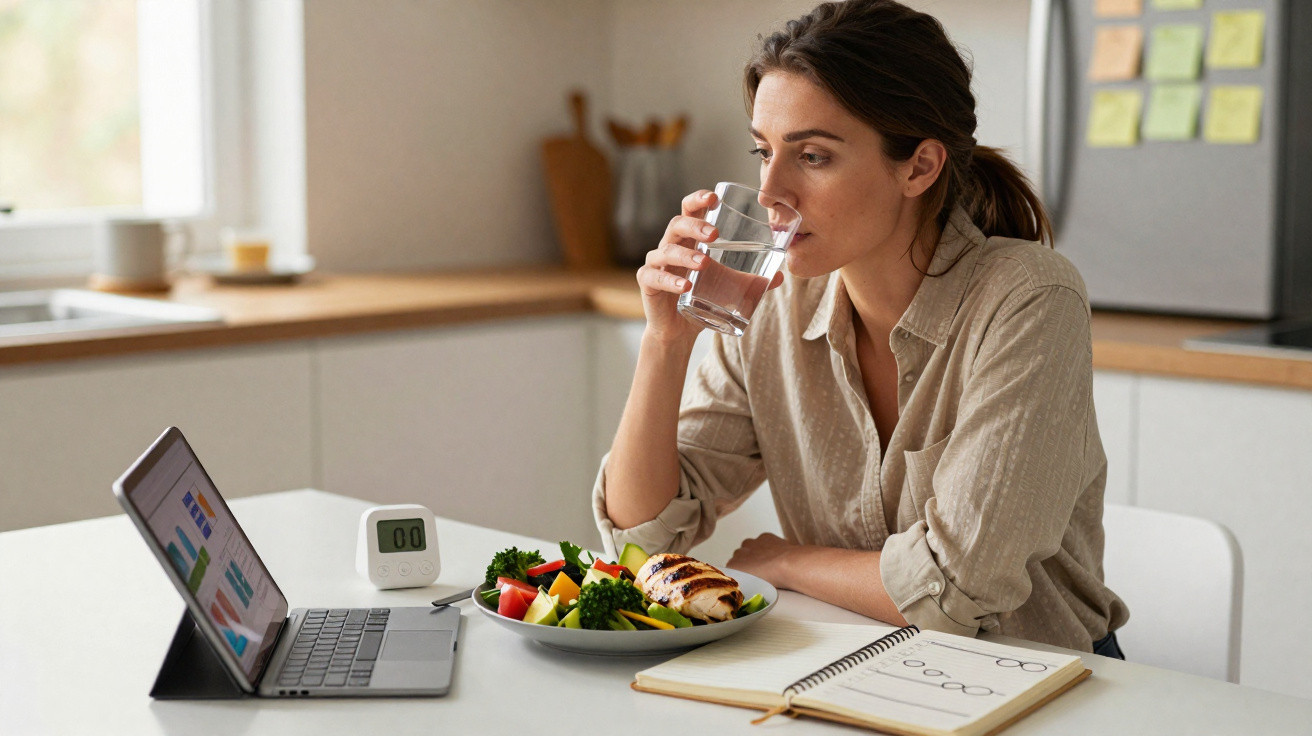 Frau trinkt Wasser am Tisch mit Laptop, gesundem Essen und Notizbuch in moderner Küche.