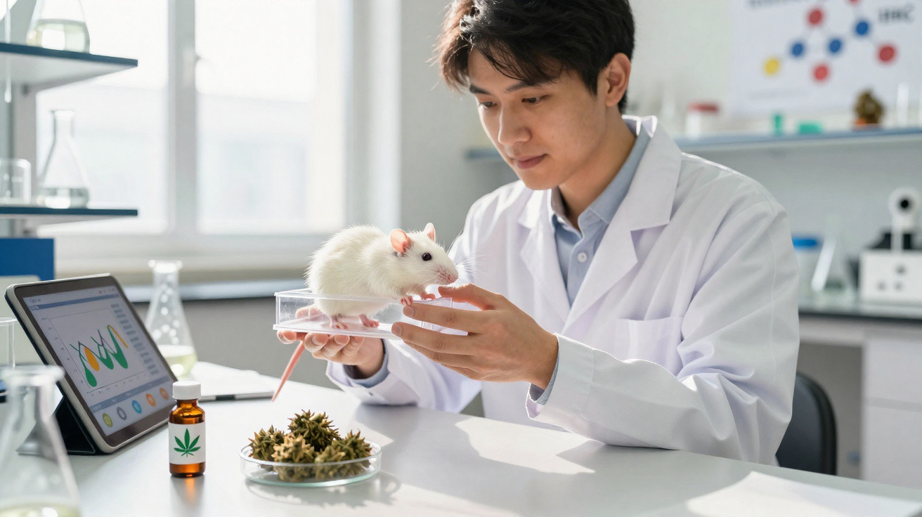 Wissenschaftler in Labor hält weißes Laborratte neben Cannabisöl und getrockneten Blüten auf Tisch.