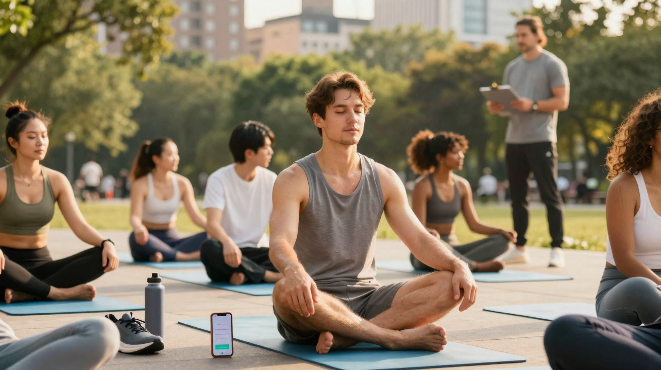 Junge Menschen praktizieren Meditation im Park, während ein Mann mit Klemmbrett sie anleitet.