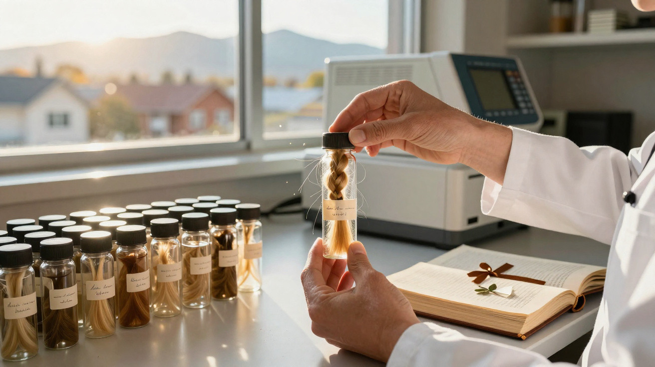 Person hält ein Glas mit geflochtenem Haar, daneben mehrere Gläser mit Haarproben auf einem Tisch im Labor.
