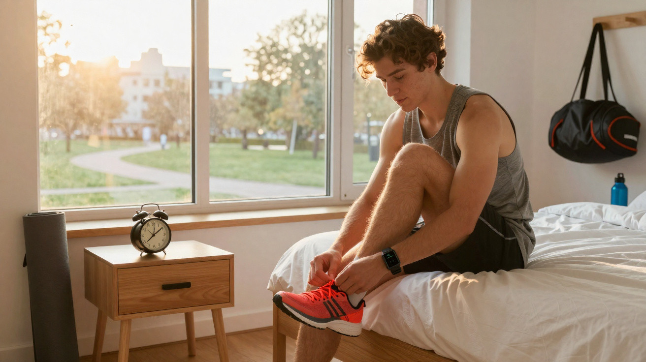Junger Mann sitzt auf dem Bett und zieht Sportschuhe an, Sonnenlicht fällt durch das Fenster herein.