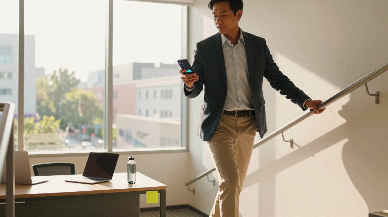 Geschäftsmann geht die Treppe hinunter und schaut auf sein Smartphone in modernem Büro mit natürlichem Licht.