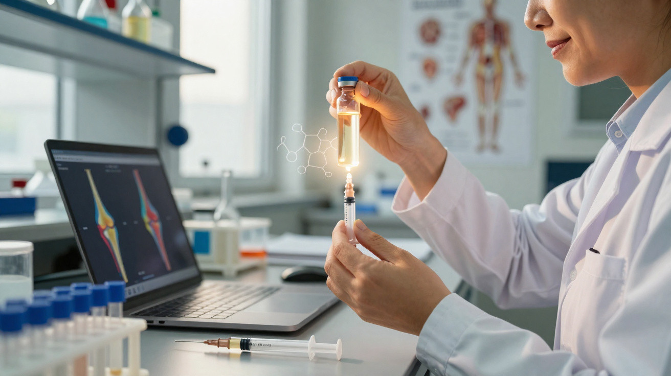 Laborantin zieht Flüssigkeit aus einem Reagenzglas in eine Spritze im Labor vor Laptop mit Gelenkbildern.