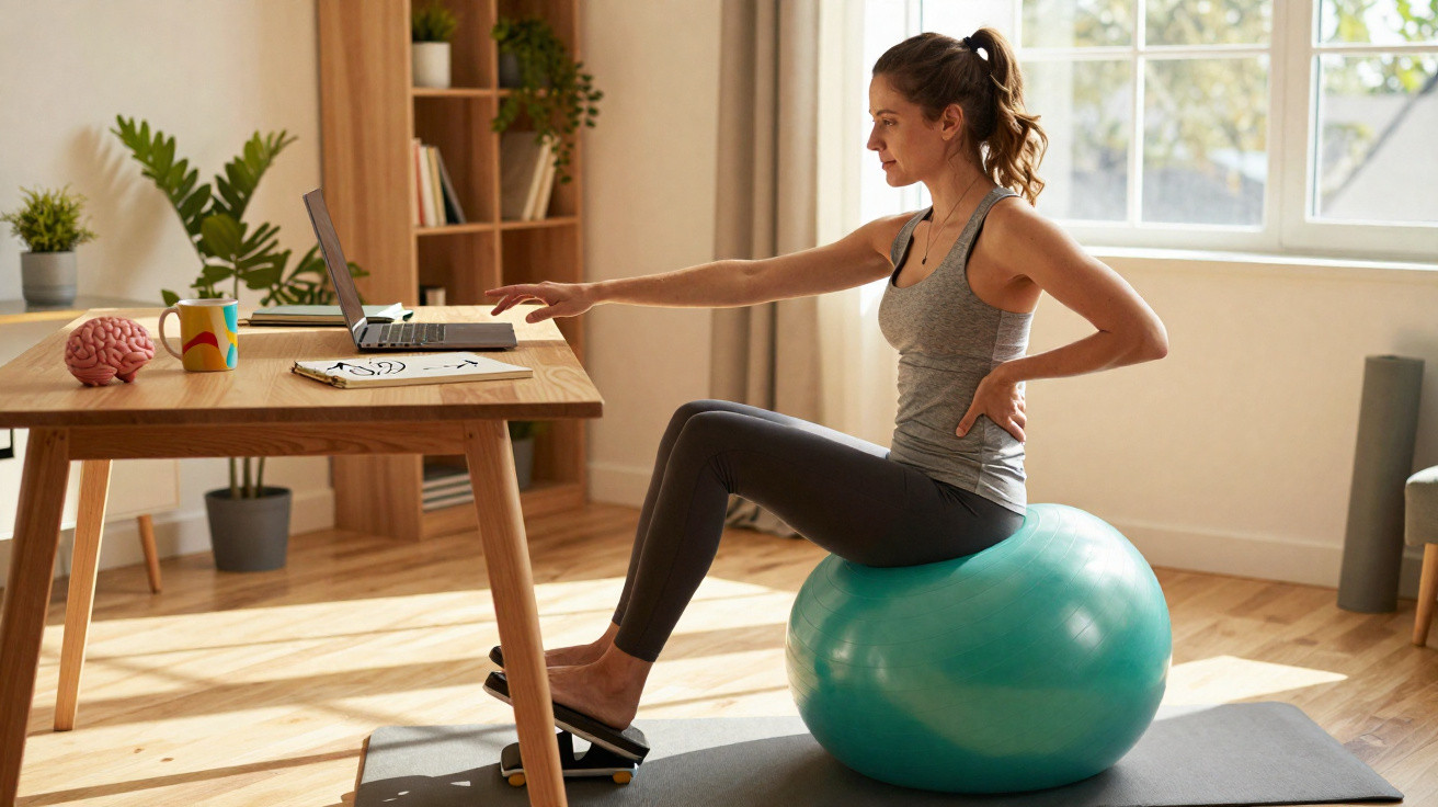 Frau sitzt auf Gymnastikball und nutzt Laptop, während sie Hometraining mit Pedaltrainer macht.
