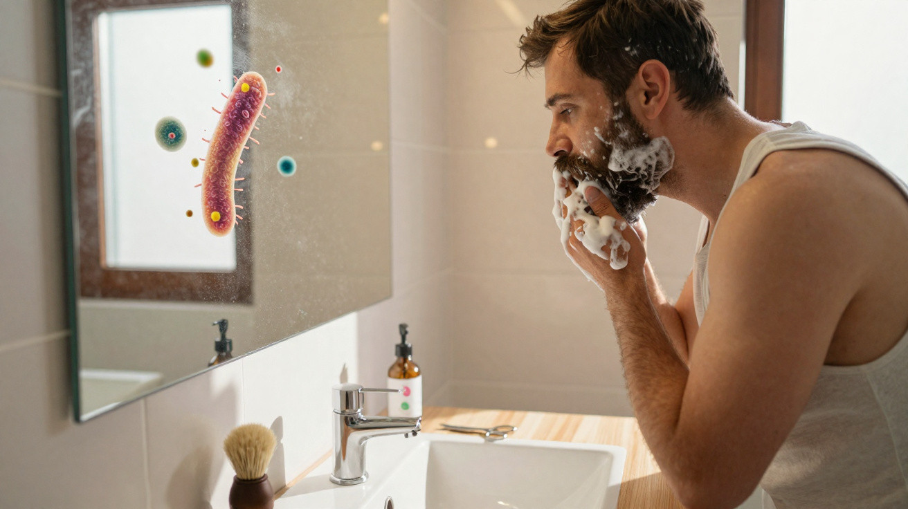 Mann rasiert sich mit Schaum im Badezimmer, Bakterien-Illustrationen auf dem Spiegel sichtbar.