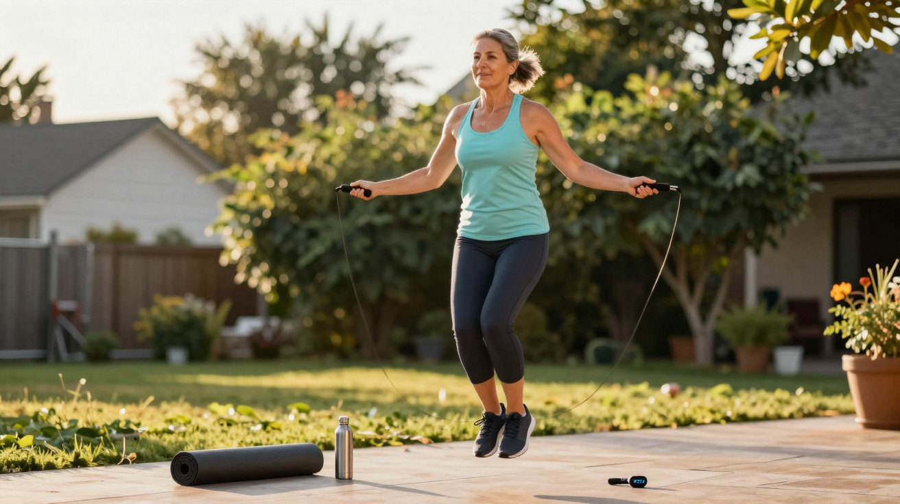 Frau mittleren Alters springt im Garten Seil, umgeben von Yogamatte, Wasserflasche und Fitness-Tracker.