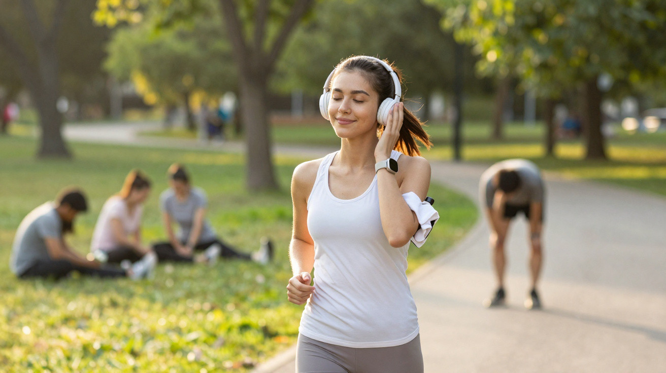 Junge Frau joggt im Park mit Kopfhörern und genießt die Musik bei sonnigem Wetter.
