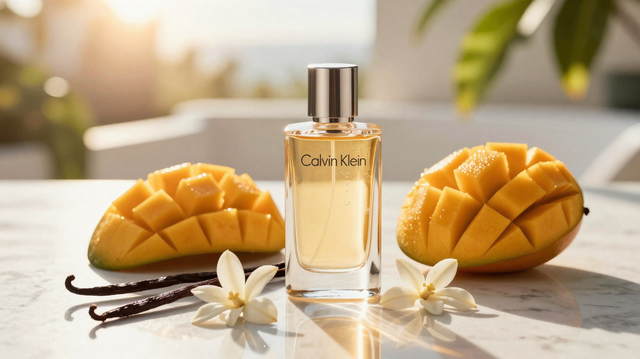 Calvin Klein Parfümflasche mit geschnittener Mango, Vanilleschoten und weißen Blüten auf Marmoroberfläche.