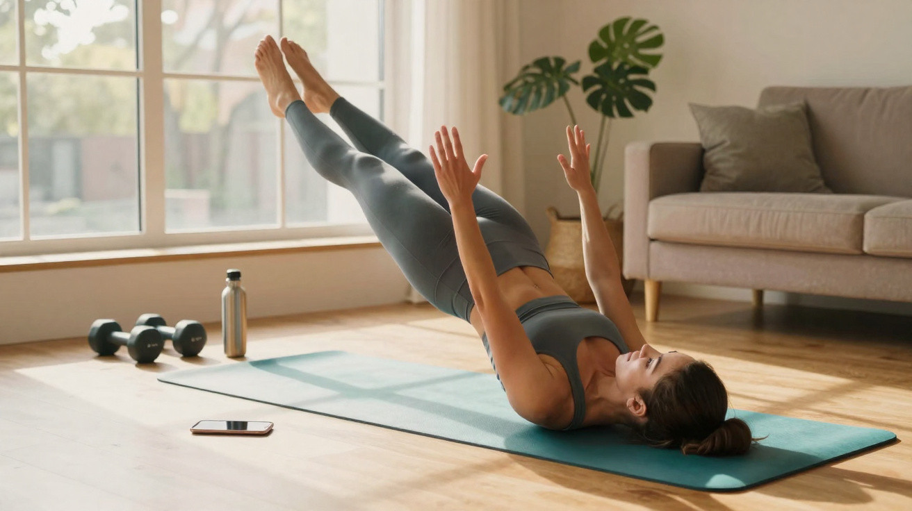 Frau macht Bauchmuskelübung auf Matte im Wohnzimmer, neben Hanteln, Wasserflasche und Smartphone.