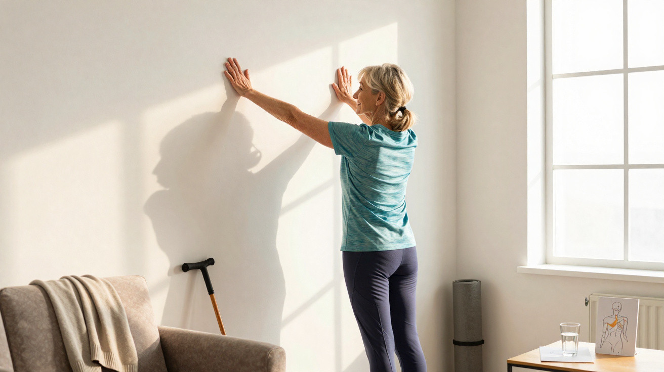 Ältere Frau macht Dehnübungen an der Wand in hellem Wohnzimmer neben Gehstock und Sessel.