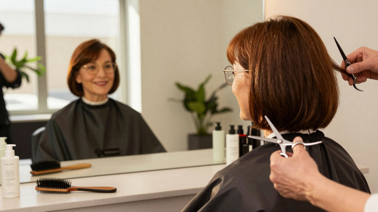 Frau mit Brille lässt sich in Friseursalon von Friseur die Haare schneiden, sie schaut in den Spiegel.