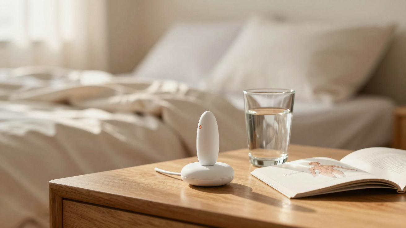 Weißes Gerät, Glas Wasser und aufgeschlagenes Buch auf Nachttisch im Schlafzimmer neben ungemachtem Bett.