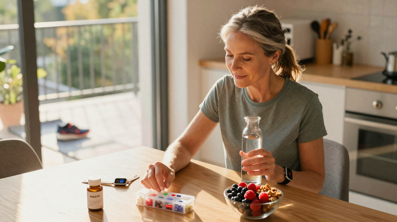 Frau nimmt Nahrungsergänzungsmittel, hält Wasserflasche, Schüssel mit Beeren und Nüssen auf Küchentisch.