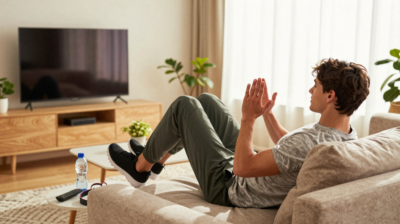 Junger Mann liegt entspannt auf Sofa und schaut Fernseher in modern eingerichteten Wohnzimmer an.