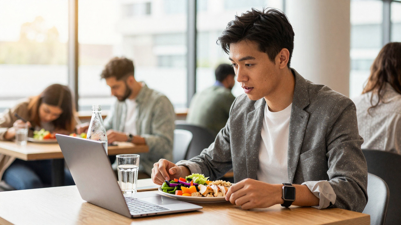 Junger Mann isst gesundes Essen und arbeitet an Laptop in einem hellen Café mit weiteren Gästen im Hintergrund.