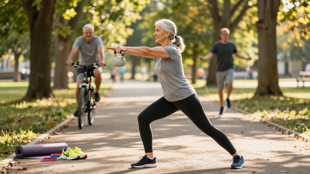 Ältere Frau trainiert im Park mit Kettlebell, während ein Mann Fahrrad fährt und ein anderer joggt.