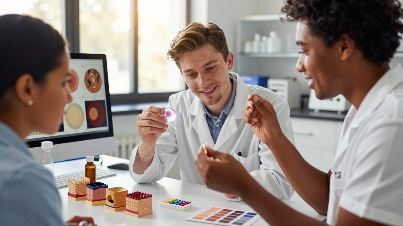 Drei Wissenschaftler im Labor untersuchen Hautmodelle und Farbpaletten an einem weißen Tisch.