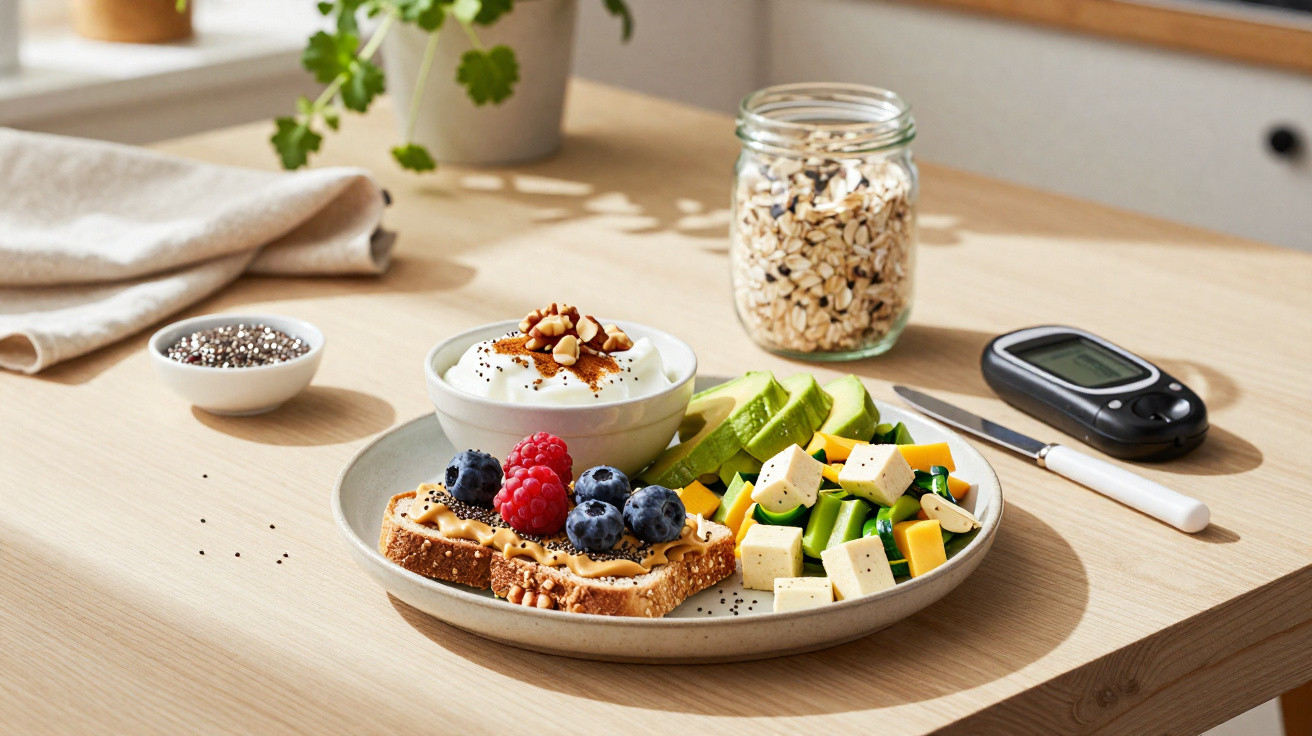 Frühstücksteller mit Vollkornbrot, Beeren, Joghurt, Nüssen, Avocado, Käsewürfeln und einem Blutzuckermessgerät.