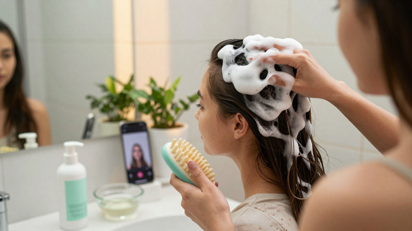 Frau wäscht dem Mädchen im Badezimmer die Haare mit Shampoo, Gesicht im Spiegel sichtbar.