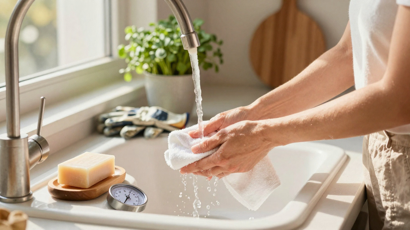Person wäscht ein Tuch unter fließendem Wasser an der Küchenarbeitsplatte mit Spülseife.