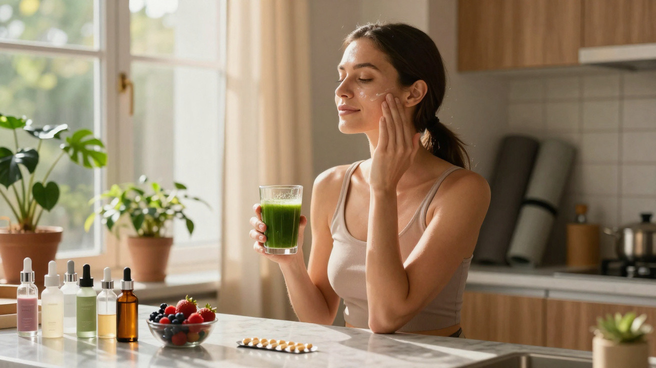 Frau trinkt grünen Smoothie und trägt Gesichtscreme in sonniger Küche mit Pflanzen im Hintergrund auf.