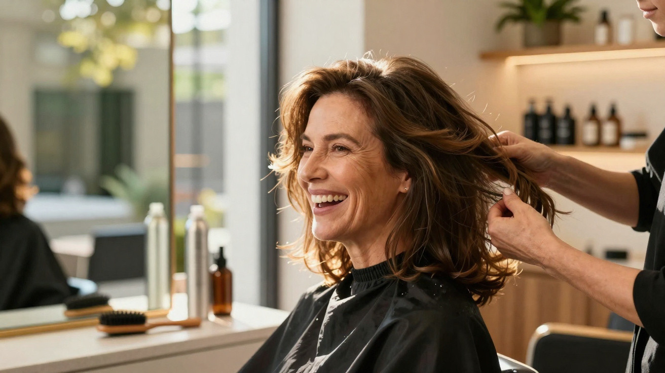 Frau lacht im Friseursalon, während Friseur ihre Haare stylt, helle und freundliche Atmosphäre.