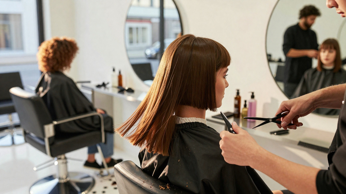 Frau mit braunem Bobhaarschnitt bekommt im Friseursalon einen Haarschnitt von einem Frisör.