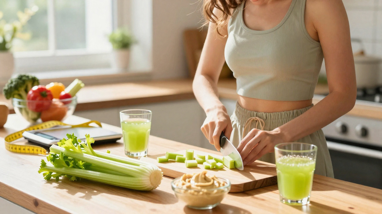 Frau schneidet Sellerie in der Küche, umgeben von gesundem Essen und zwei Gläsern grünem Saft.