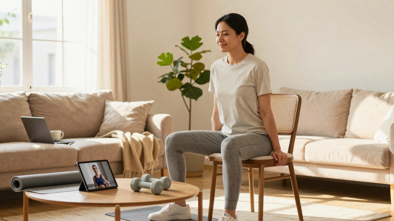 Frau macht sitzende Gymnastikübungen auf Stuhl mit Online-Workout im Wohnzimmer bei Tageslicht.