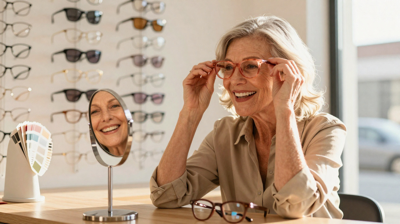 Ältere Frau probiert lächelnd eine Brille in einem Optikergeschäft vor Spiegel und Sonnenlicht an.