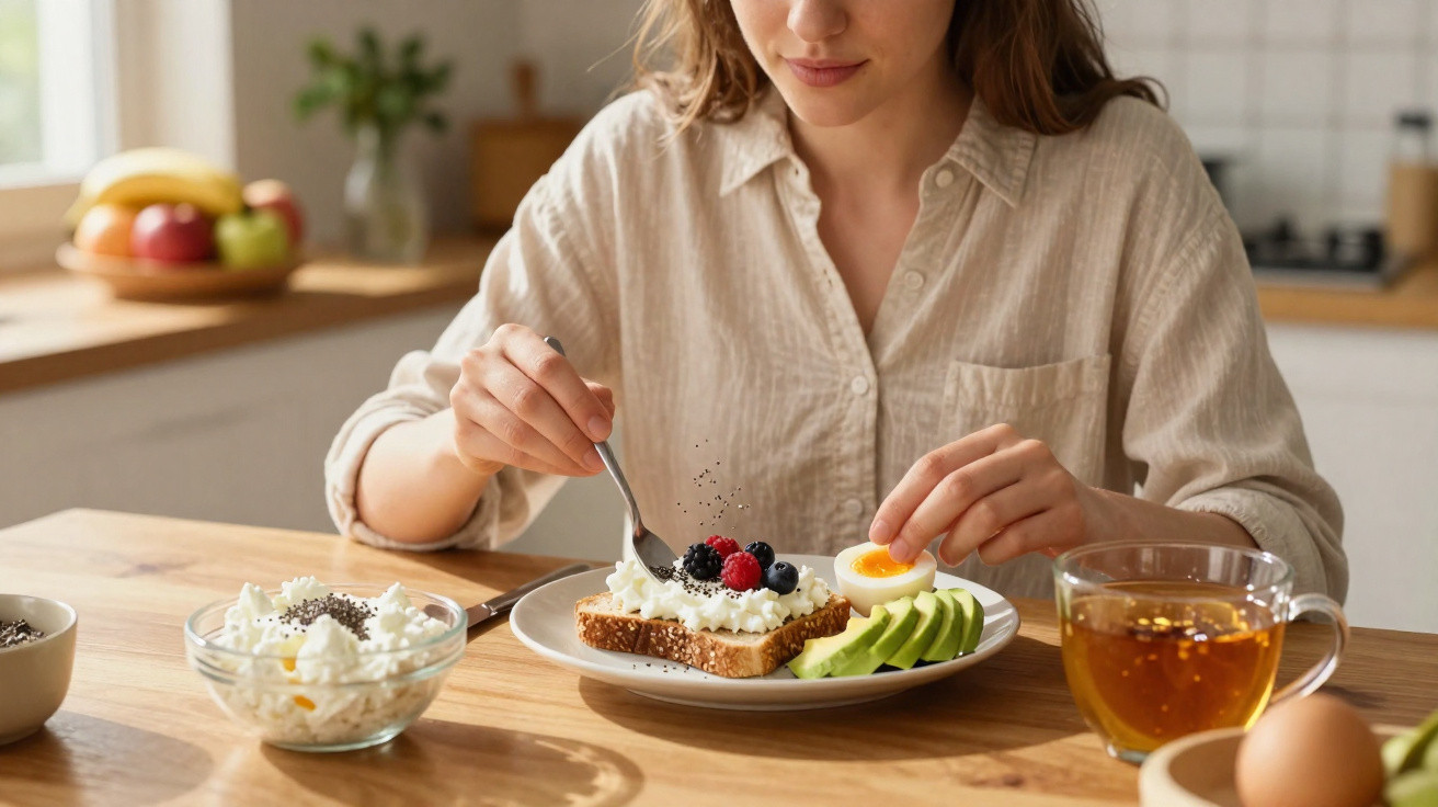 Frau bestreut Toast mit Beeren und Frischkäse, daneben Avocadoscheiben und ein gekochtes Ei.