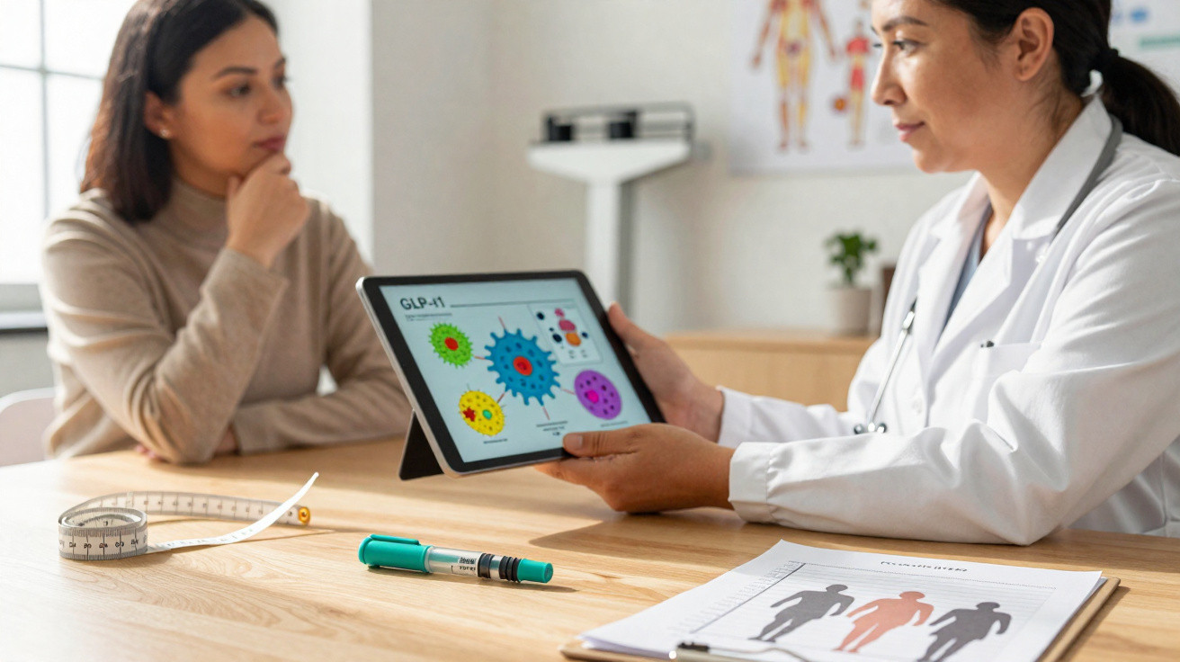 Ärztin erklärt Patientin auf Tablet Bilder von Viren, Maßband und Insulinspritze liegen auf dem Tisch.