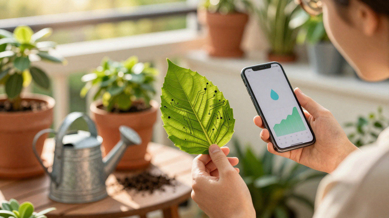 Person hält Blatt mit digitalen Mustern und überprüft Pflanzenbewässerungsdaten auf Smartphone.
