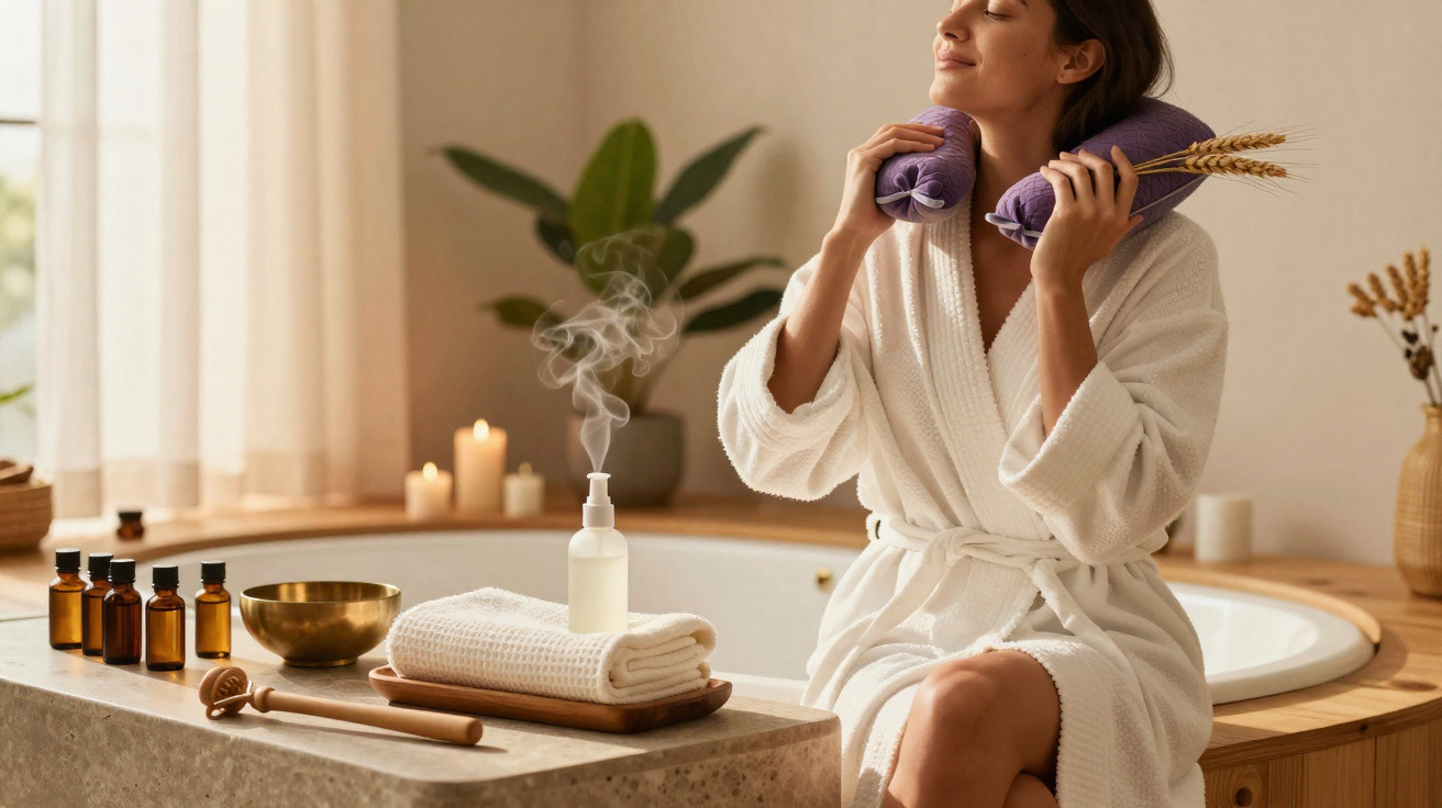 Frau im Bademantel entspannt sich mit Aromatherapie und einem Lavendelkissen in einem gemütlichen Wellnessraum.