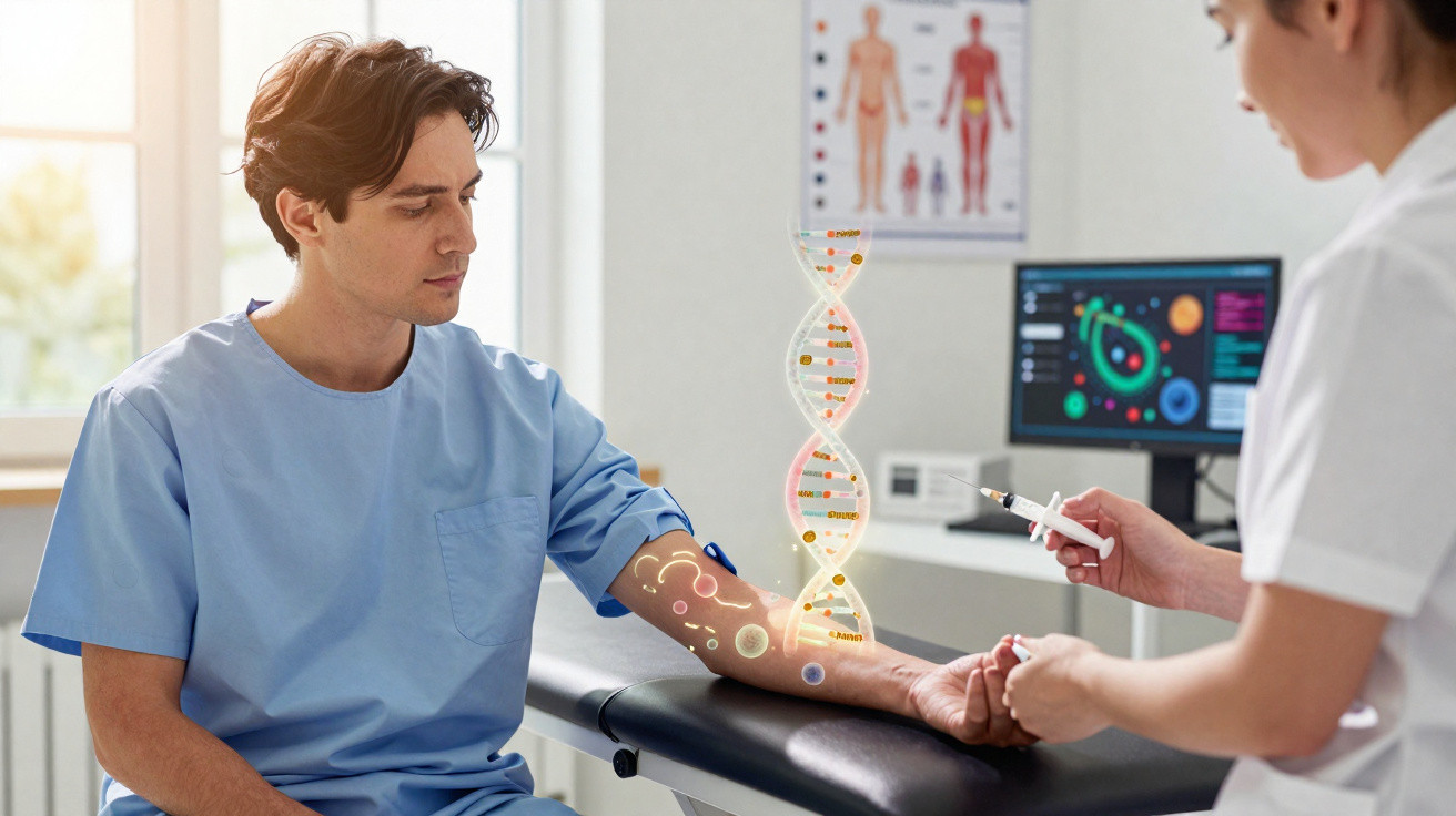 Arzt führt Blutabnahme bei Patient durch, digitale DNA- und Mikrobiom-Illustration über Arm eingeblendet.