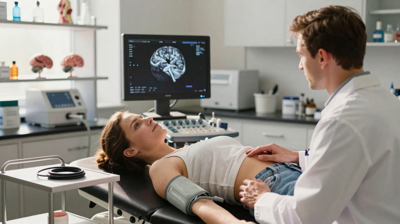 Ärztin misst Blutdruck bei Patientin auf Untersuchungsliege, Hirnscan am Monitor im medizinischen Labor sichtbar.