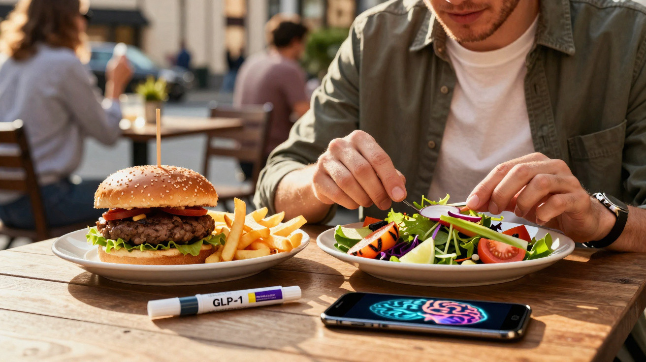 Mann isst Salat neben Burger und Pommes, Diabetes-Medikament GLP-1 und Smartphone mit Gehirngrafik auf Holztisch.