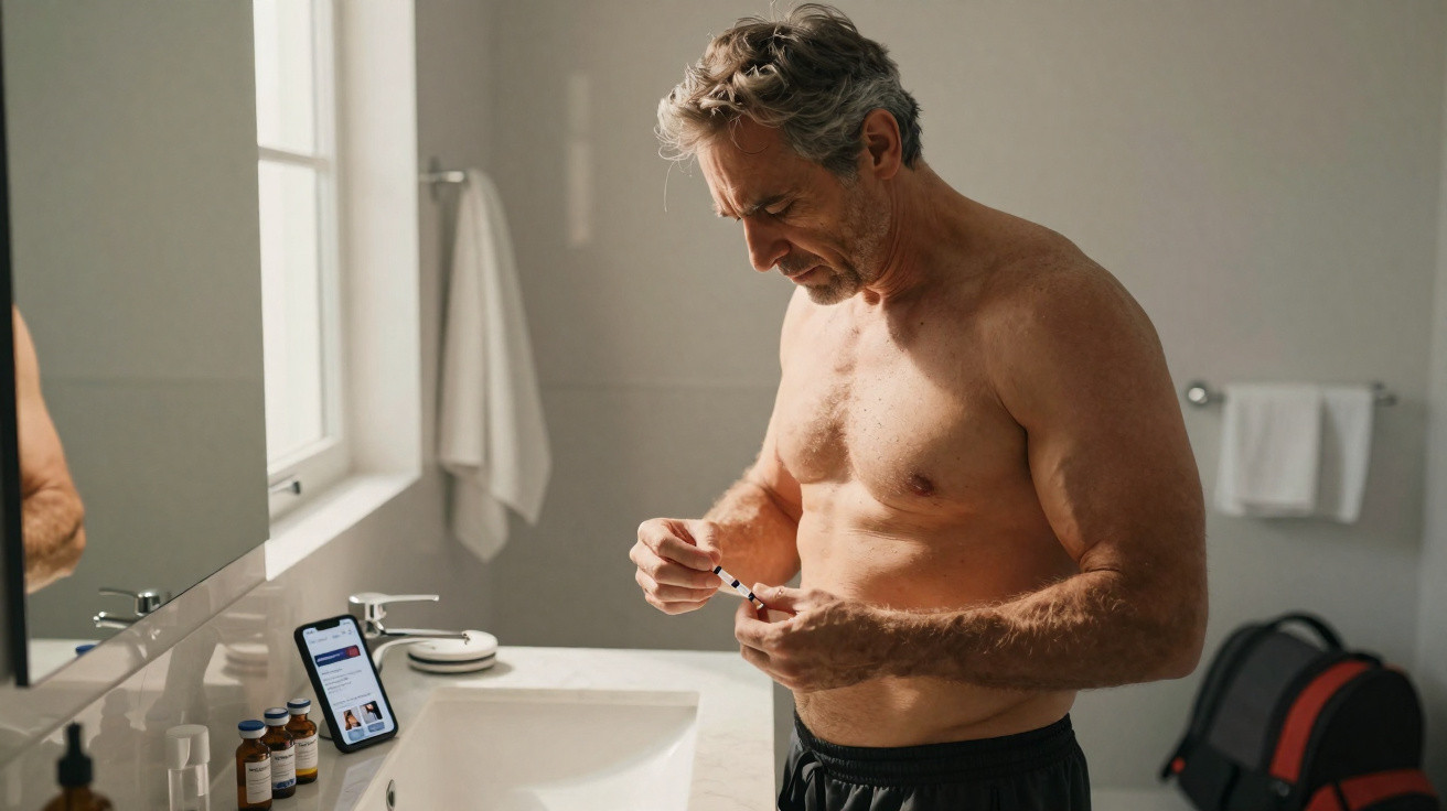 Älterer Mann steht im Badezimmer und bereitet eine Injektion mit einer Spritze vor.